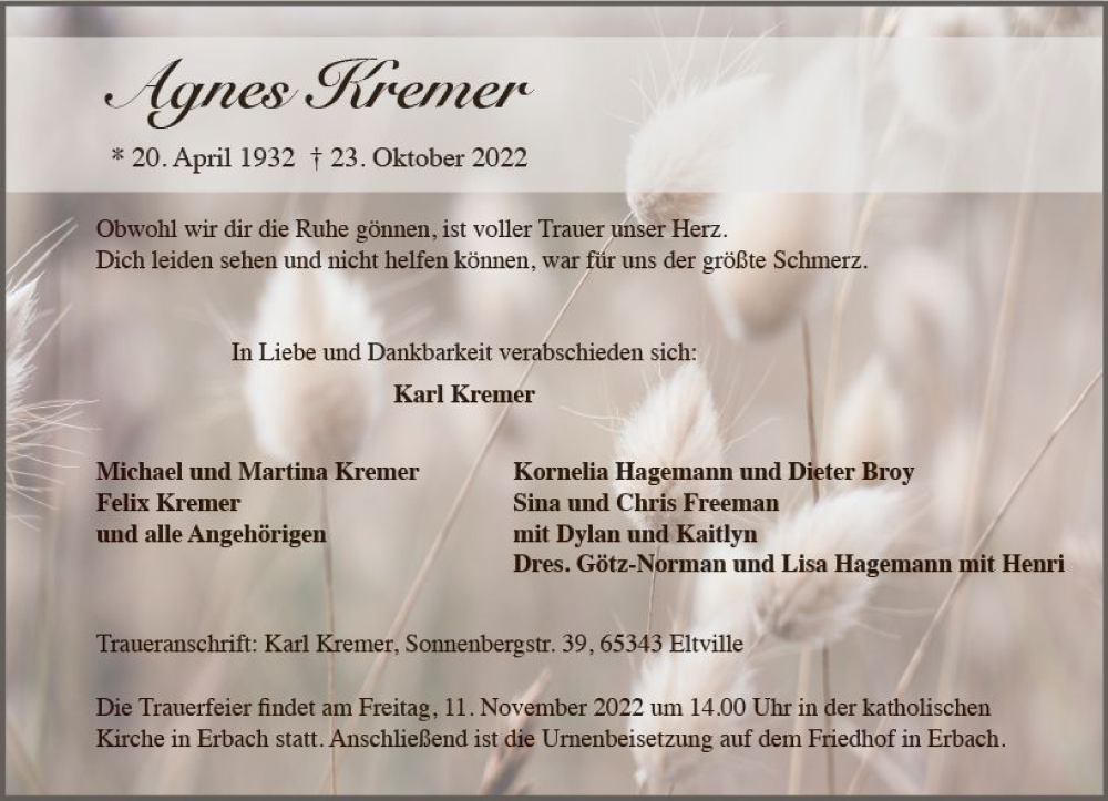  Traueranzeige für Agnes Kremer vom 29.10.2022 aus vrm-trauer Wiesbadener Kurier