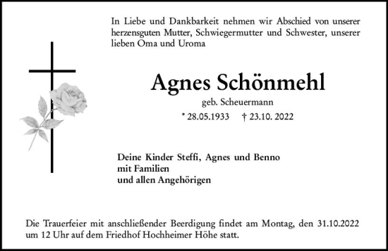 Traueranzeige von Agnes Schönmehl von vrm-trauer Wormser Zeitung
