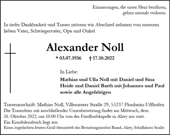 Traueranzeige von Alexander Noll von vrm-trauer Allgemeine Zeitung Alzey