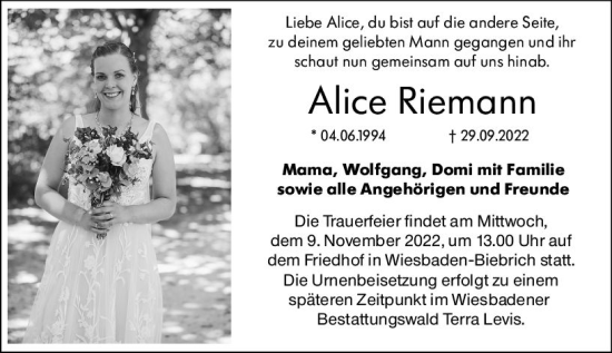 Traueranzeige von Alice Riemann von vrm-trauer Wiesbadener Kurier