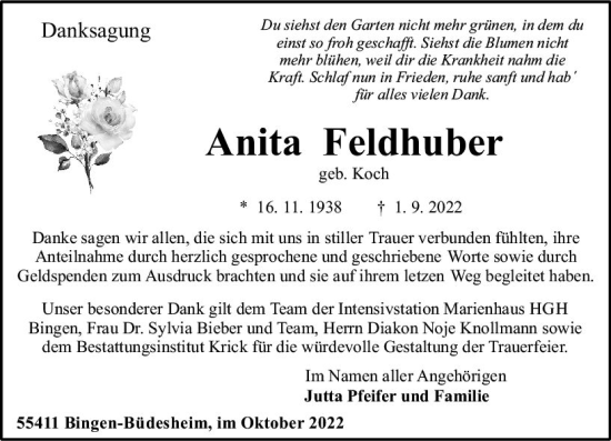 Traueranzeige von Anita Feldhuber von vrm-trauer Allgemeine  Zeitung Ingelheim-Bingen
