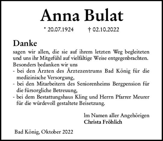 Traueranzeige von Anna Bulat von vrm-trauer Odenwälder Echo