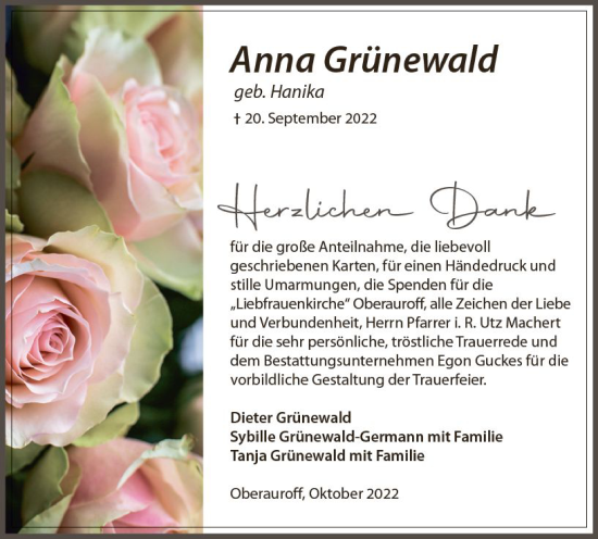 Traueranzeige von Anna Grünewald von vrm-trauer Wiesbadener Kurier