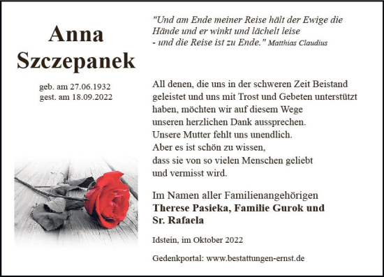 Traueranzeige von Anna Szczepanek von vrm-trauer Idsteiner Zeitung
