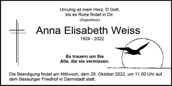 Traueranzeige von Anna Elisabeth Weiss von vrm-trauer Darmstädter Echo