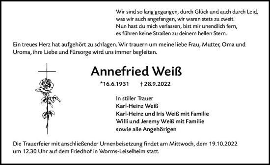 Traueranzeige von Annefried Weiß von vrm-trauer Wormser Zeitung