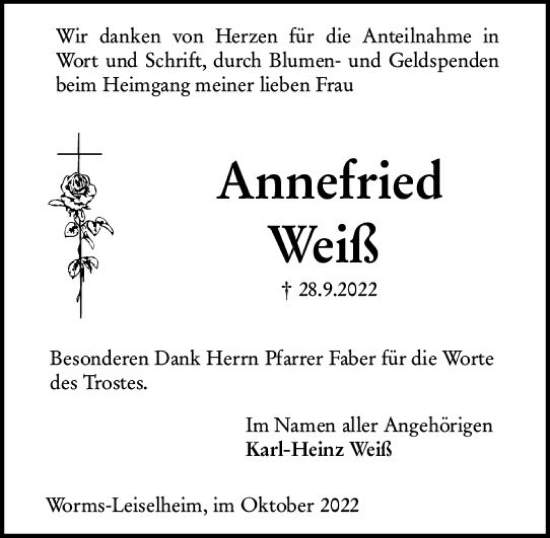 Traueranzeige von Annefried Weiß von vrm-trauer Wormser Zeitung
