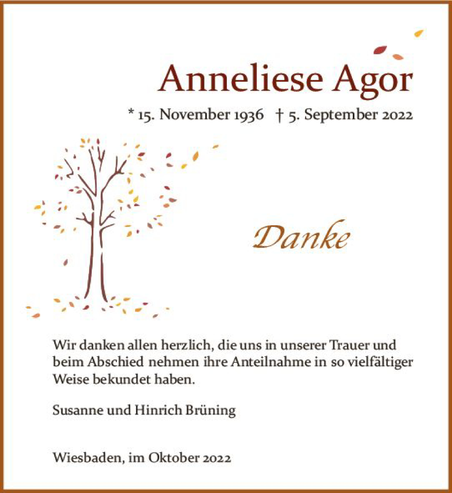  Traueranzeige für Anneliese Agor vom 15.10.2022 aus vrm-trauer Wiesbadener Kurier