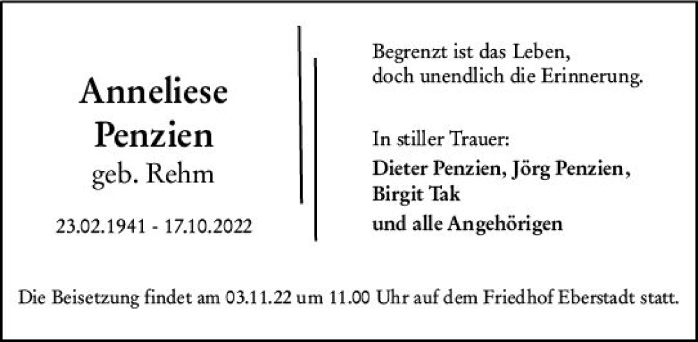  Traueranzeige für Anneliese Penzien vom 29.10.2022 aus vrm-trauer Darmstädter Echo