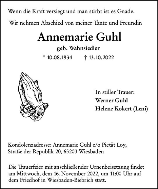 Traueranzeige von Annemarie Guhl von vrm-trauer Wiesbadener Kurier