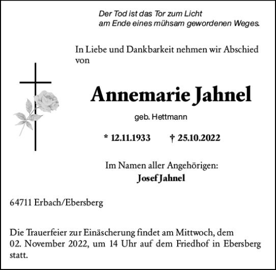 Traueranzeige von Annemarie Jahnel von vrm-trauer Odenwälder Echo