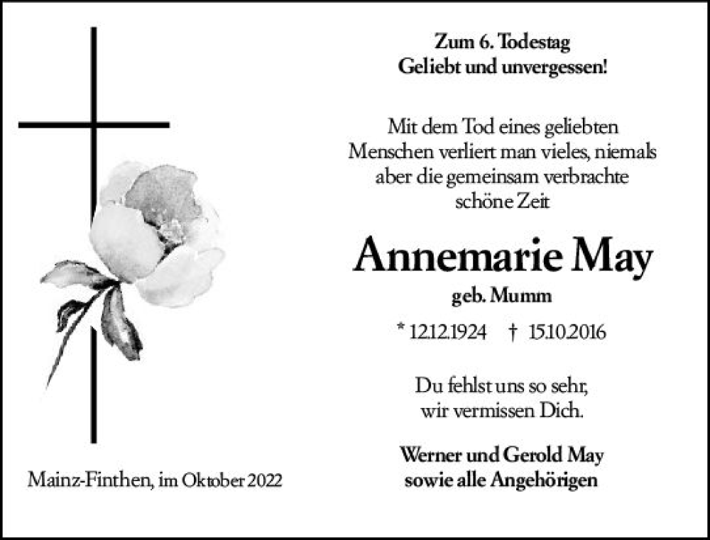  Traueranzeige für Annemarie May vom 15.10.2022 aus vrm-trauer AZ Mainz