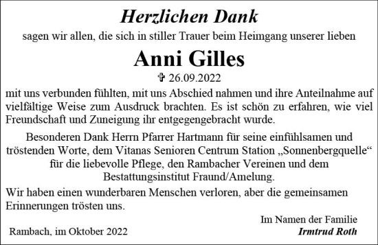 Traueranzeige von Anni Gilles von vrm-trauer Wiesbadener Kurier