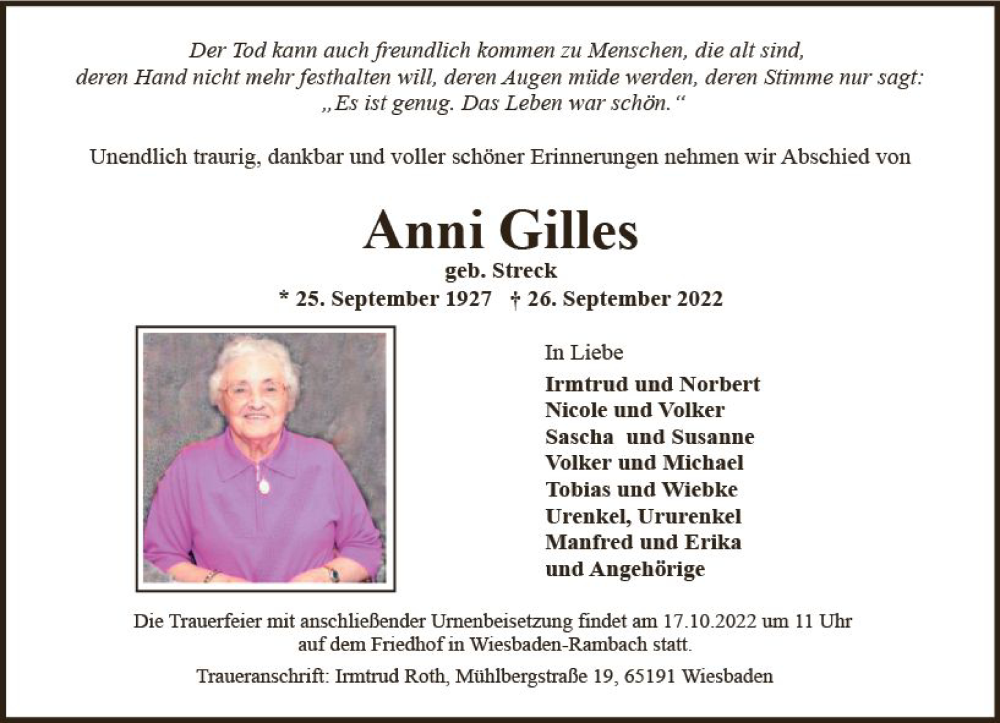  Traueranzeige für Anni Gilles vom 08.10.2022 aus vrm-trauer Wiesbadener Kurier