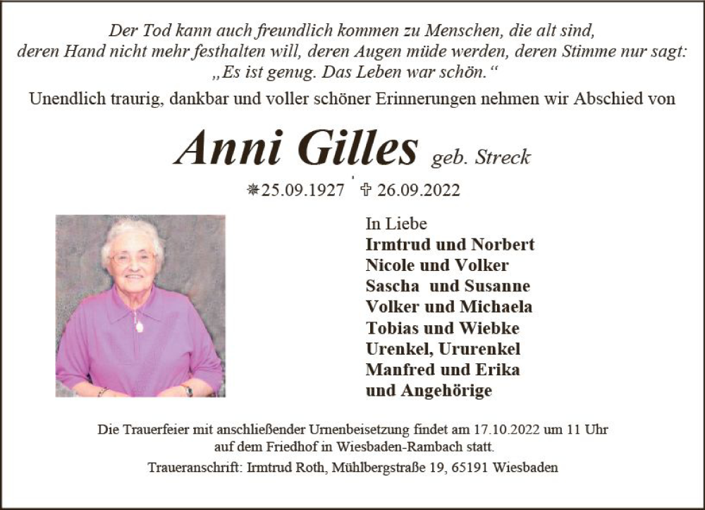  Traueranzeige für Anni Gilles vom 15.10.2022 aus vrm-trauer Wiesbadener Kurier