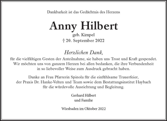 Traueranzeige von Anny Hilbert von vrm-trauer Wiesbadener Kurier