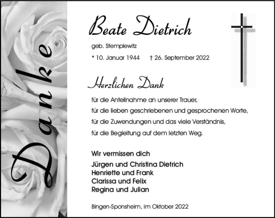 Traueranzeige von Beate Dietrich von vrm-trauer Allgemeine  Zeitung Ingelheim-Bingen