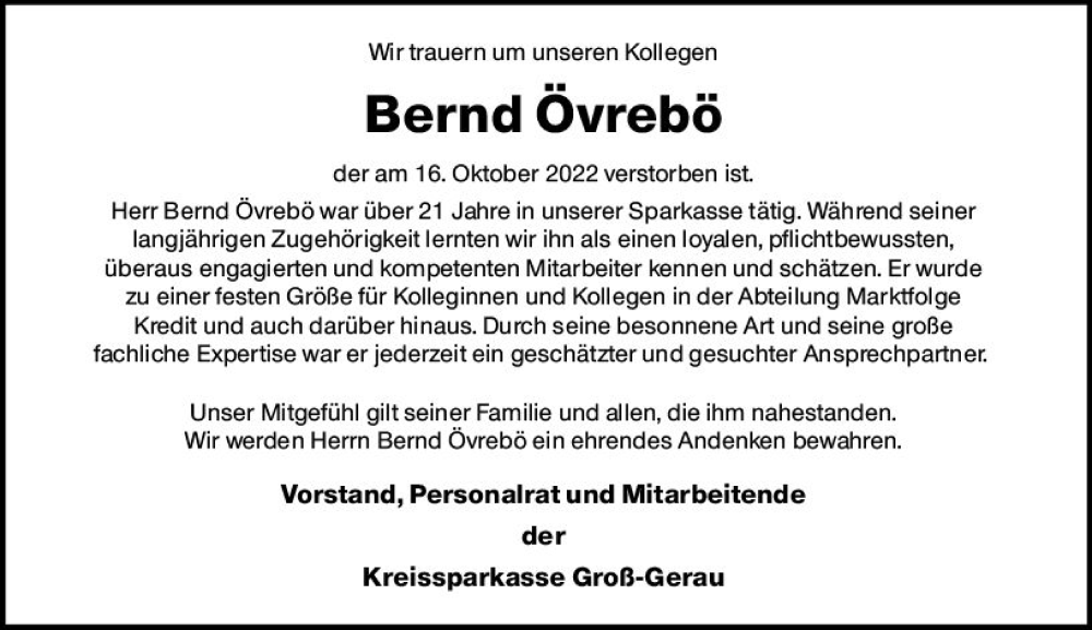  Traueranzeige für Bernd Övrebö vom 29.10.2022 aus vrm-trauer Rüsselsheimer Echo / MainSpitze