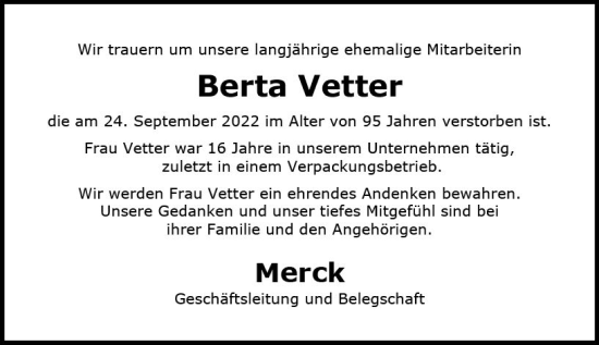 Traueranzeige von Berta Vetter von vrm-trauer Darmstädter Echo