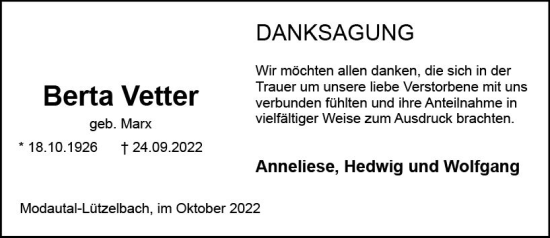 Traueranzeige von Berta Vetter von vrm-trauer Darmstädter Echo