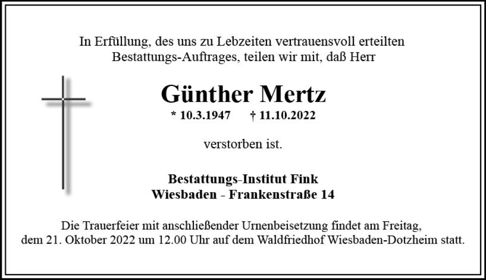  Traueranzeige für Bestattungen Mertz vom 15.10.2022 aus vrm-trauer Wiesbadener Kurier