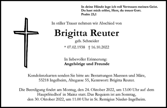 Traueranzeige von Brigitta Reuter von vrm-trauer Allgemeine  Zeitung Ingelheim-Bingen