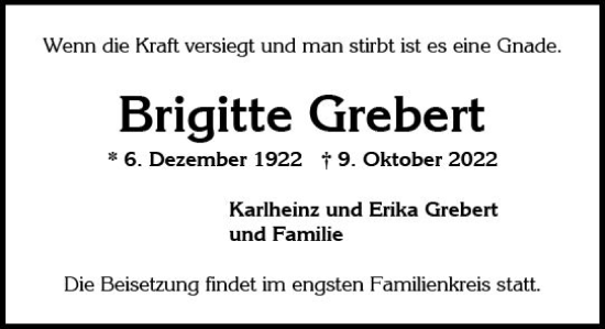 Traueranzeige von Brigitte Grebert von vrm-trauer Wiesbadener Kurier