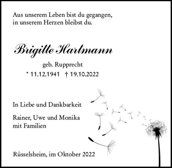 Traueranzeige von Brigitte Hartmann von vrm-trauer Rüsselsheimer Echo / MainSpitze