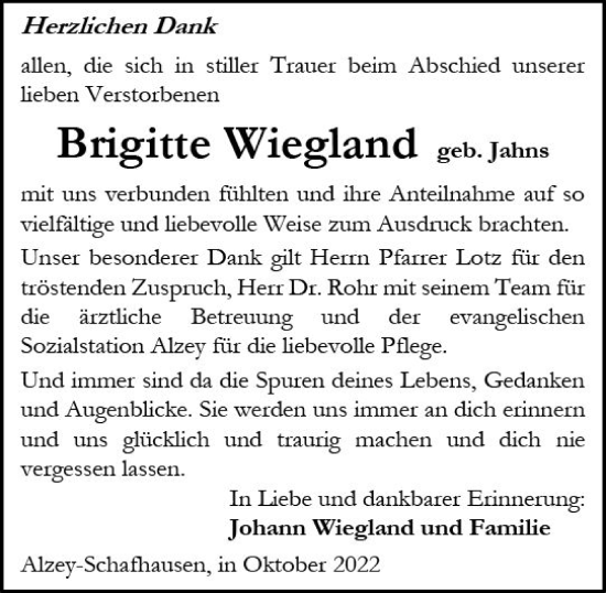Traueranzeige von Brigitte Wiegland von vrm-trauer Allgemeine Zeitung Alzey