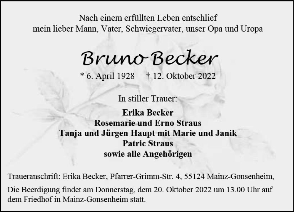  Traueranzeige für Bruno Becker vom 15.10.2022 aus vrm-trauer AZ Mainz