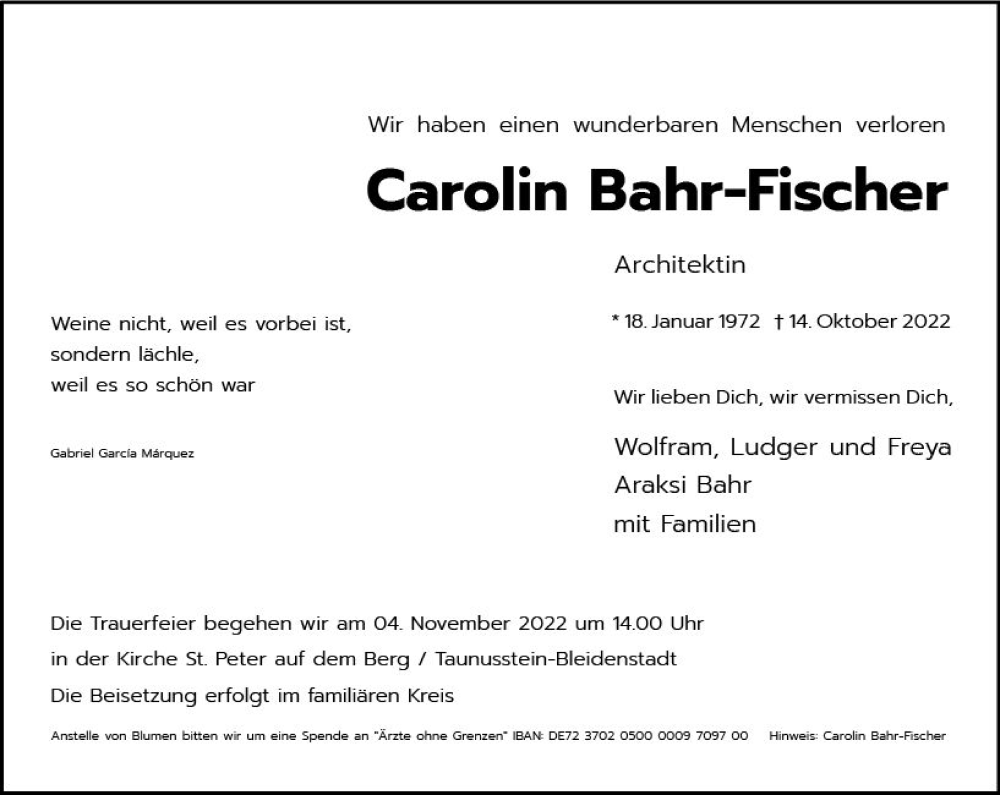  Traueranzeige für Carolin Bahr-Fischer vom 22.10.2022 aus vrm-trauer Wiesbadener Kurier