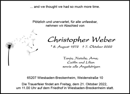 Traueranzeige von Cheistoph Weber von vrm-trauer Wiesbadener Kurier