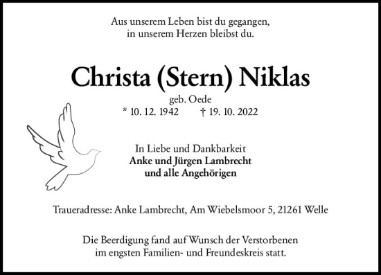 Traueranzeige von Christa Niklas von vrm-trauer Groß-Gerauer Echo