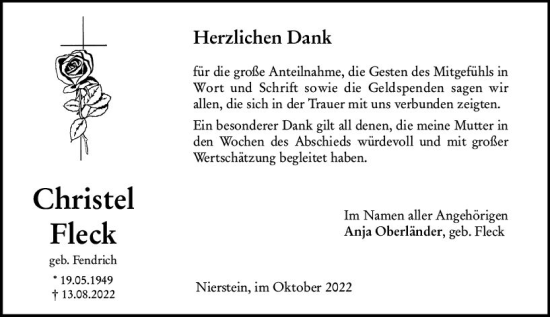 Traueranzeige von Christel Fleck von vrm-trauer AZ Mainz