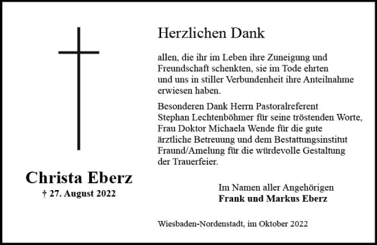 Traueranzeige von Christia Eberz von vrm-trauer Wiesbadener Kurier