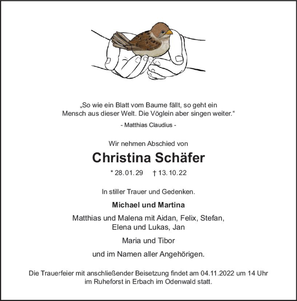  Traueranzeige für Christina Schäfer vom 29.10.2022 aus vrm-trauer Bürstädter/Lamperth. Ztg/Starkenburger