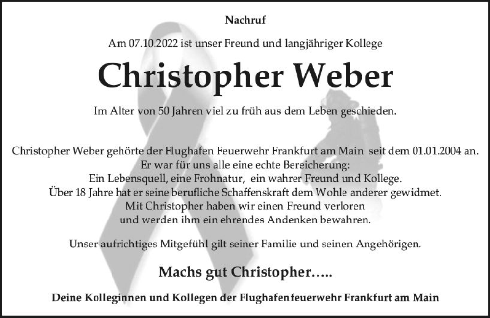  Traueranzeige für Christopher Weber vom 14.10.2022 aus vrm-trauer Wiesbadener Kurier