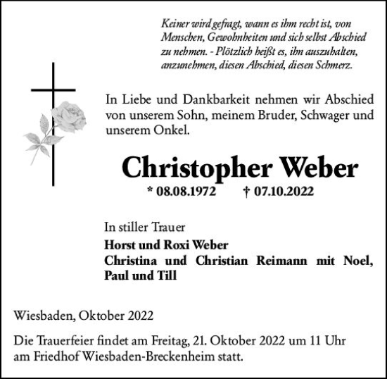 Traueranzeige von Christopher Weber von vrm-trauer Wiesbadener Kurier