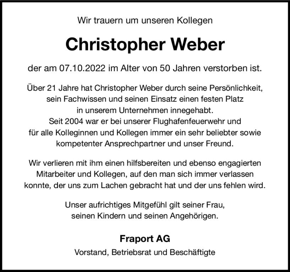  Traueranzeige für Christopher Weber vom 14.10.2022 aus vrm-trauer Wiesbadener Kurier