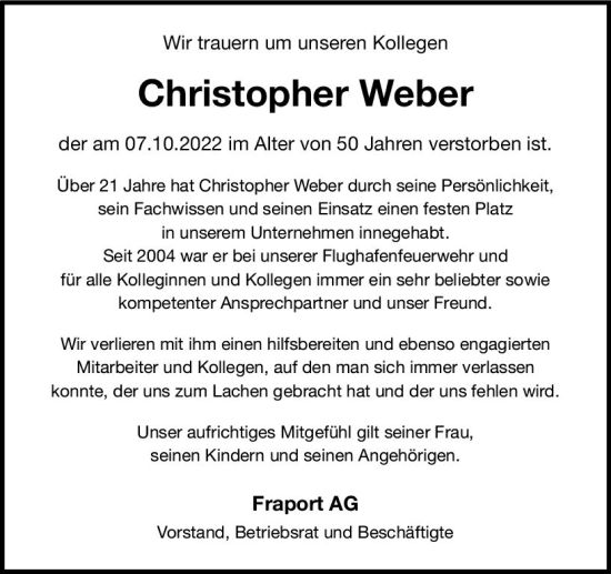 Traueranzeige von Christopher Weber von vrm-trauer Wiesbadener Kurier