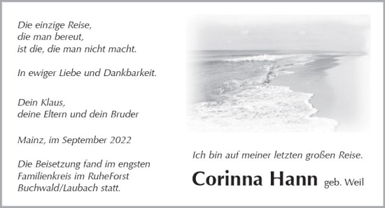 Traueranzeige von Corinna Hann von vrm-trauer AZ Mainz