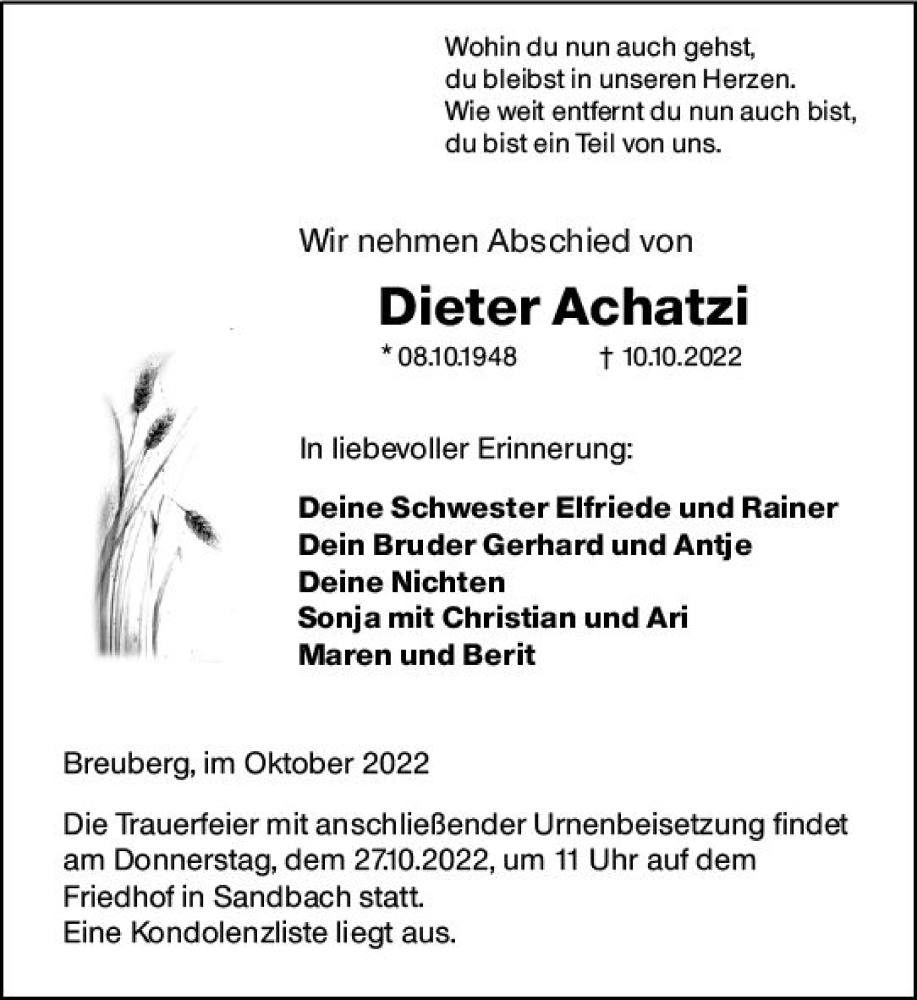  Traueranzeige für Dieter Achatzi vom 22.10.2022 aus vrm-trauer Odenwälder Echo
