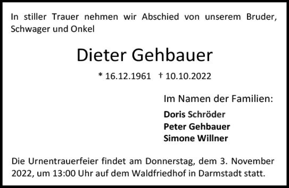  Traueranzeige für Dieter Gehbauer vom 29.10.2022 aus vrm-trauer Darmstädter Echo