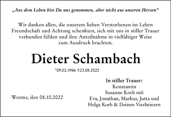 Traueranzeige von Dieter Schambach von vrm-trauer Wormser Zeitung