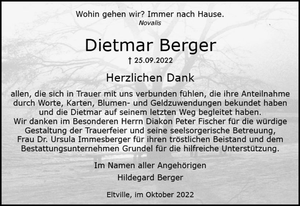  Traueranzeige für Dietmar Berger vom 29.10.2022 aus vrm-trauer Rheingau