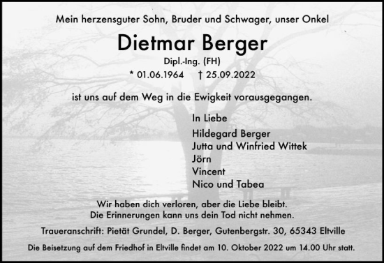 Traueranzeige von Dietmar Berger von vrm-trauer Rheingau