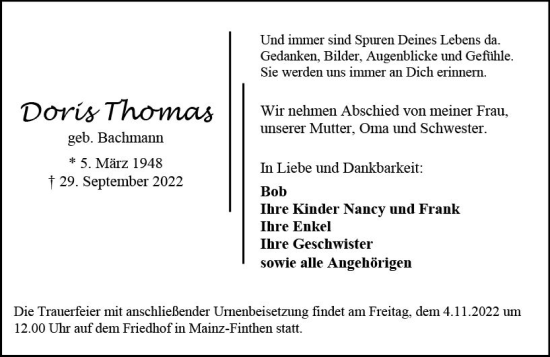 Traueranzeige von Doris Thomas von vrm-trauer AZ Mainz