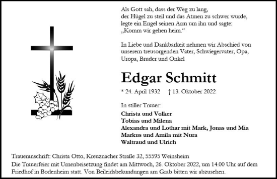 Traueranzeige von Edgar Schmitt von vrm-trauer AZ Mainz