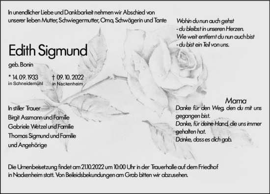 Traueranzeige von Edith Sigmund von vrm-trauer AZ Mainz