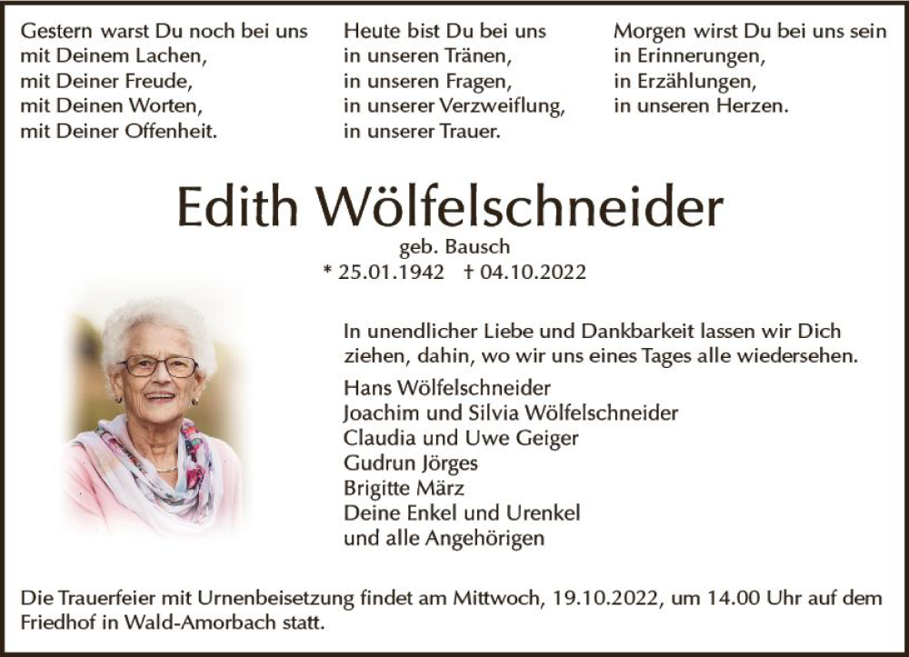  Traueranzeige für Edith Wölfelschneider vom 15.10.2022 aus vrm-trauer Odenwälder Echo